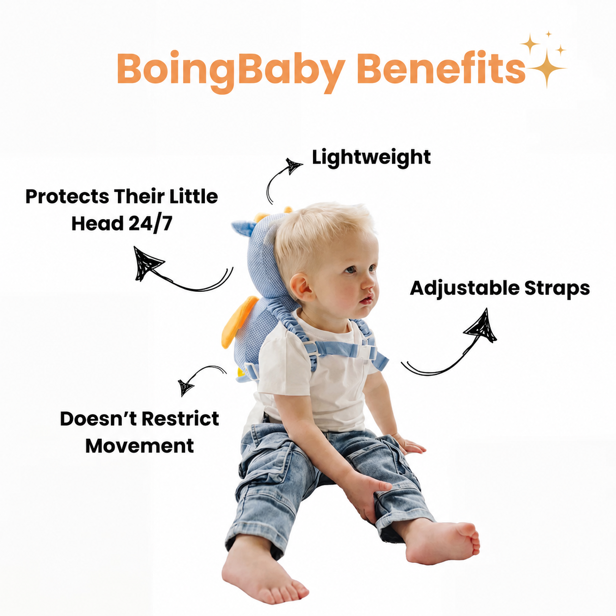 Toddler wearing BoingBaby backpack harness