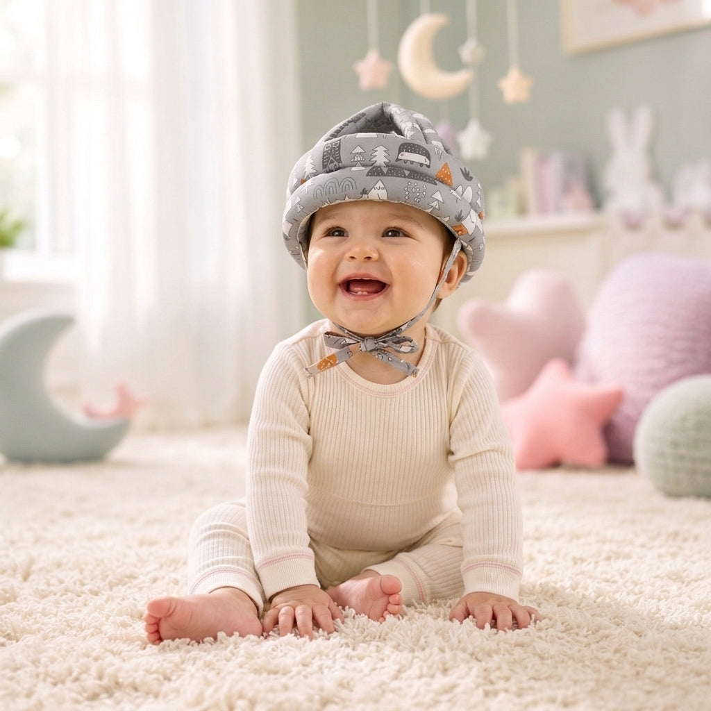 Baby sitting up wearing the BoingHat soft safety helmet in woodland grey