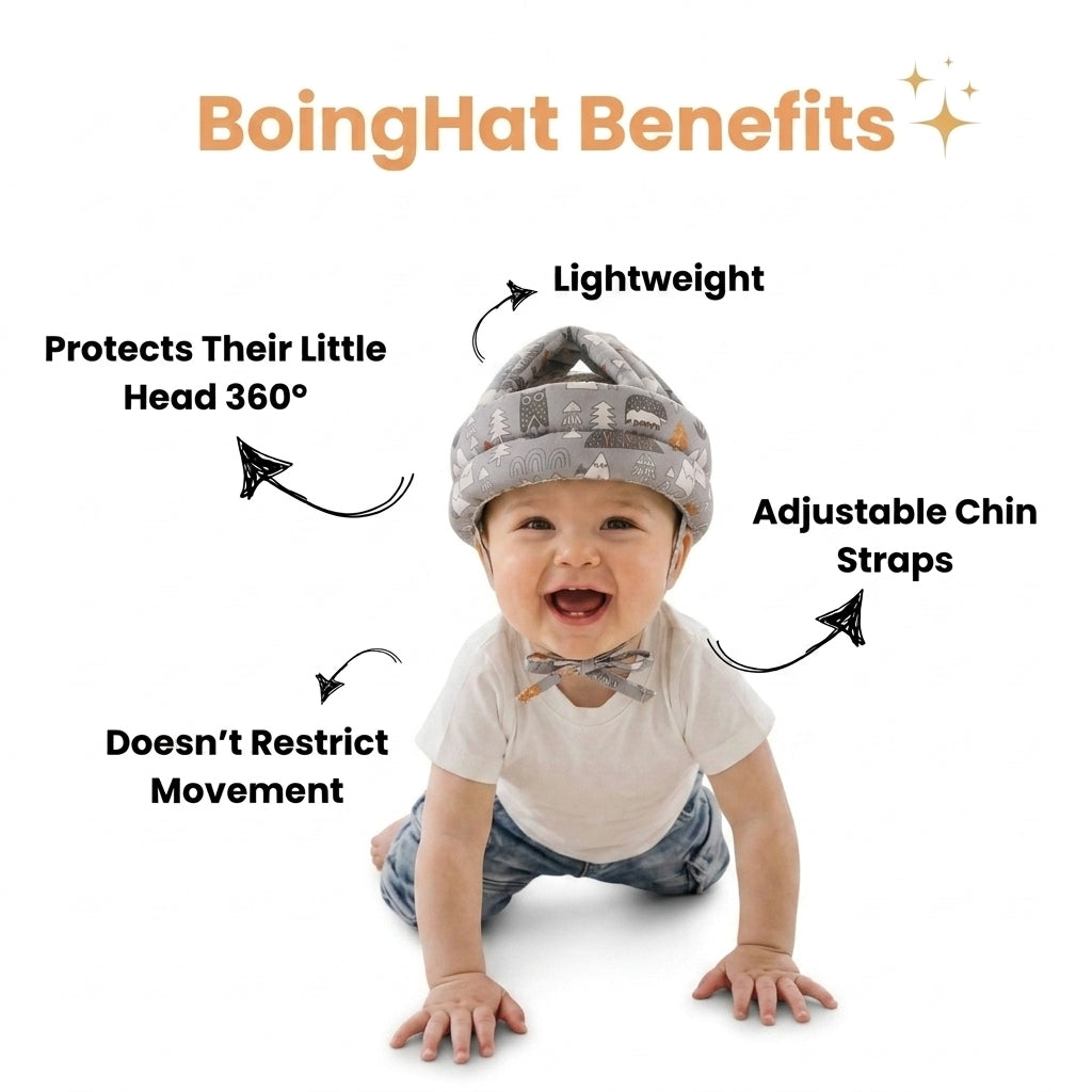 BoingHat benefits: lightweight, 360 degree head protection, adjustable chin straps, does not restrict movement
